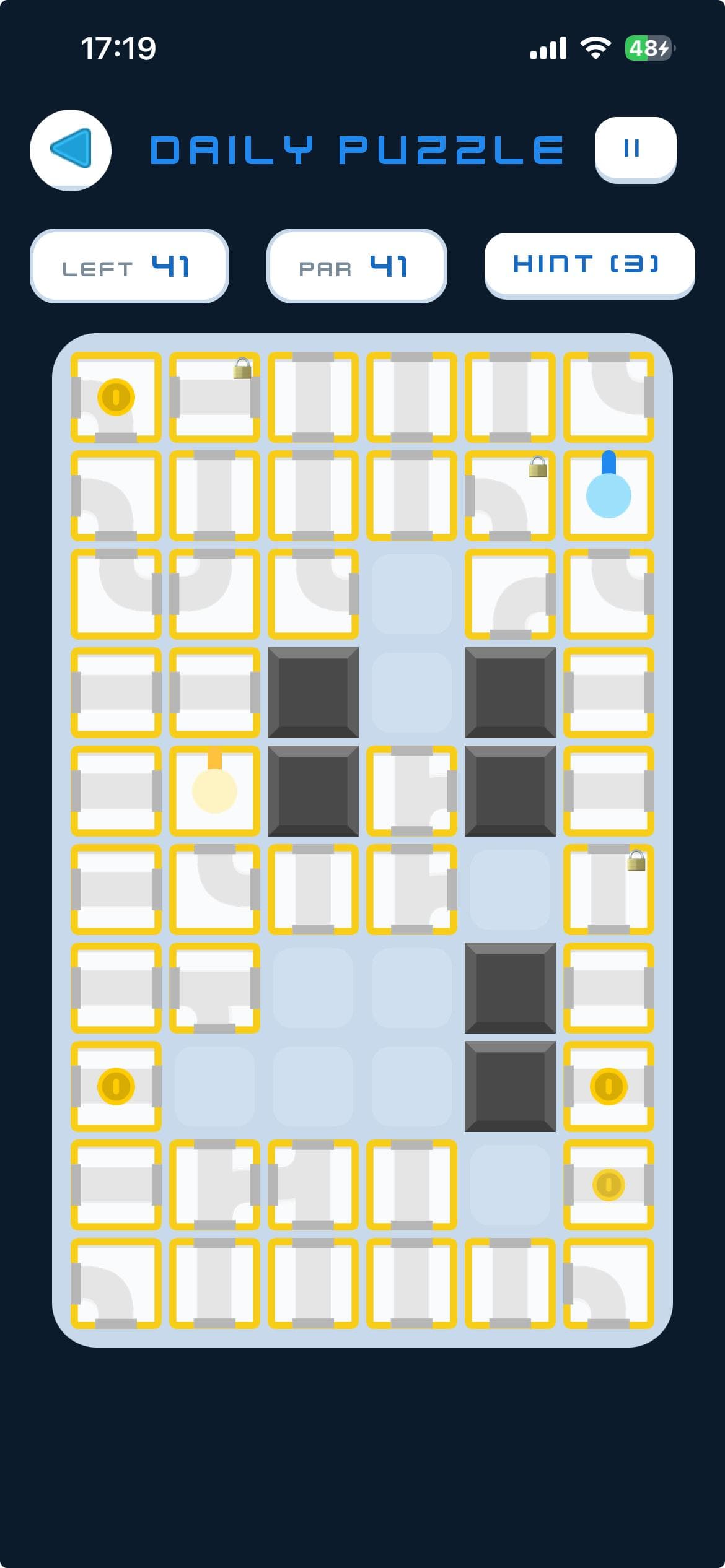 Pipeyard gameplay — a daily puzzle board of pipe tiles with coins, blockers and locked pipes